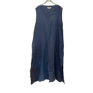 FLAX 100% Linen Maxi Dress Navy Blue Pockets Coastal Minimalist Luxury Size L